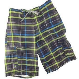 Y2K Airwalk Board Shorts Mens M Black Neon Green Blue Plaid Cargo Swim VTG